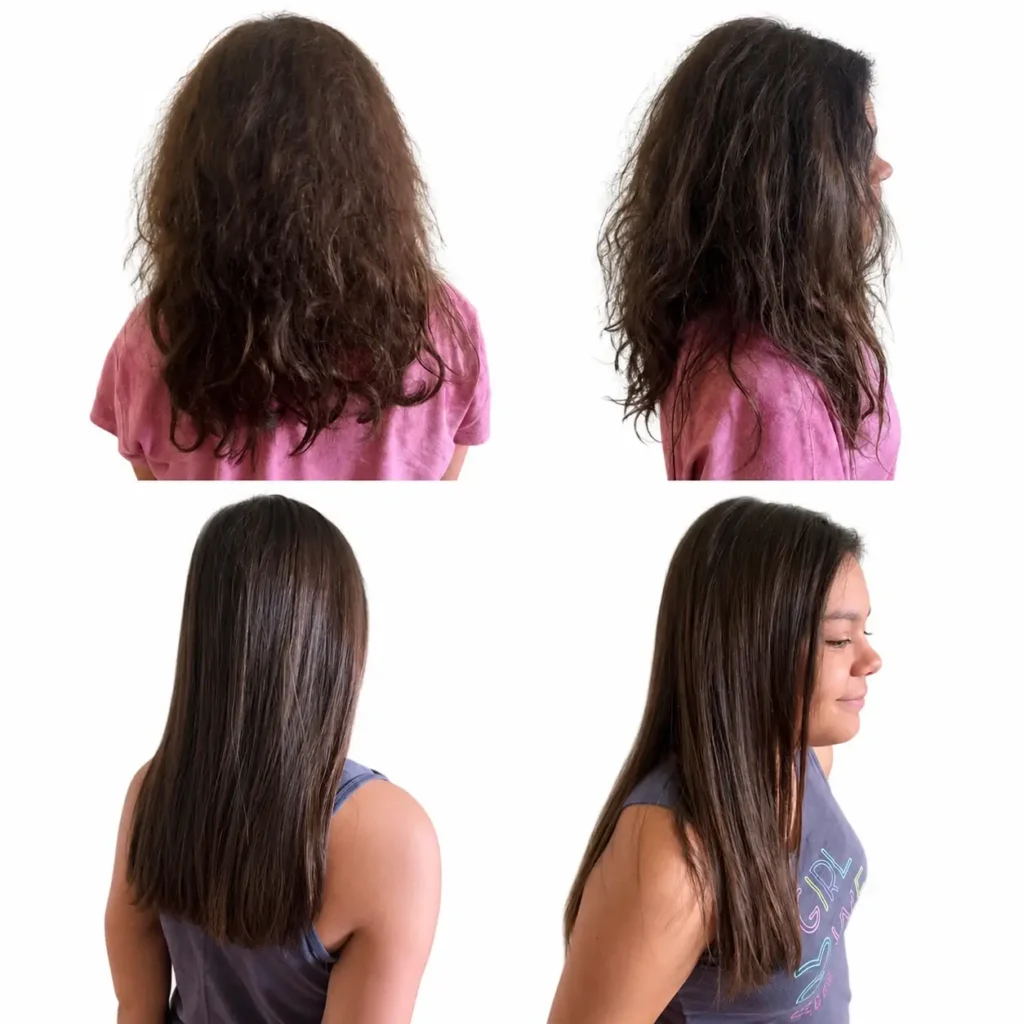 Four images showing a woman with frizzy, wavy hair before and with smooth, straight hair after a treatment, viewed from the back and side. - One AVEDA Salon in Delray Beach, FL