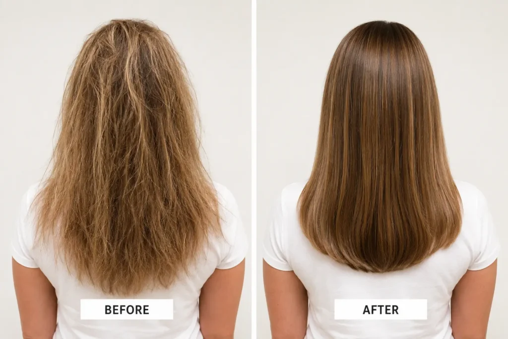 Side-by-side comparison of a woman's hair before and after treatment; left shows frizzy hair, right shows smooth, straight hair. Labels read "BEFORE" and "AFTER. - One AVEDA Salon in Delray Beach, FL