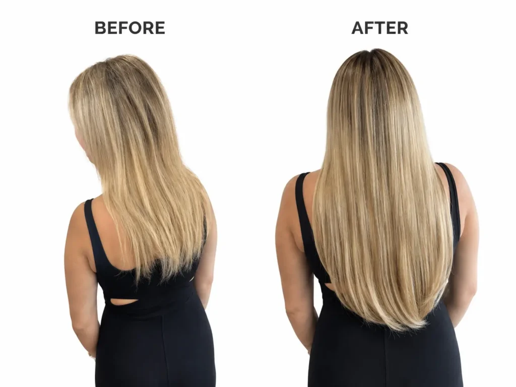Side-by-side comparison of a woman with shoulder-length, uneven hair labeled “Before” and longer, smoother hair labeled “After” achieved with Vomor Hair Extensions. - One AVEDA Salon in Delray Beach, FL